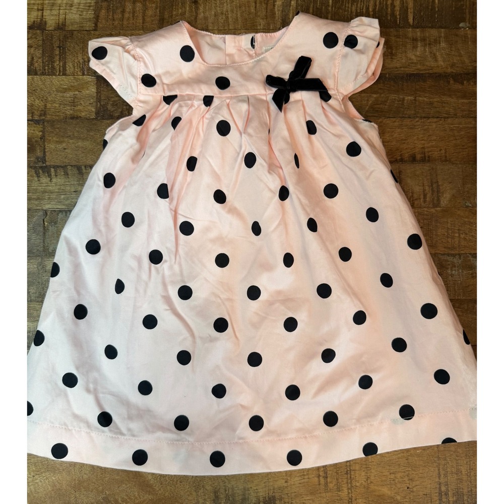 Carters Baby Girls Pink Black Polka Dot Flutter Sleeve Bow Dress 6 Months